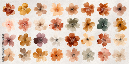 Collection of delicate watercolor floral illustrations in warm earthy tones isolated on white background	