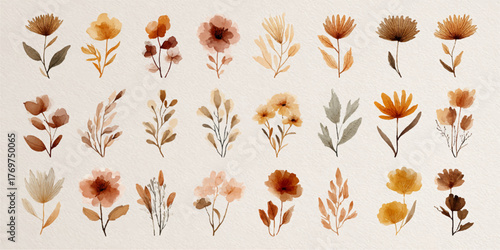 Foto Watercolor floral elements collection in warm earthy tones, perfect for rustic d