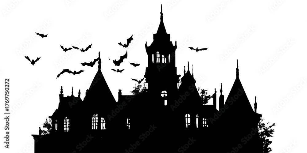 Fototapeta premium Spooky silhouette of a haunted castle with bats flying against a white background