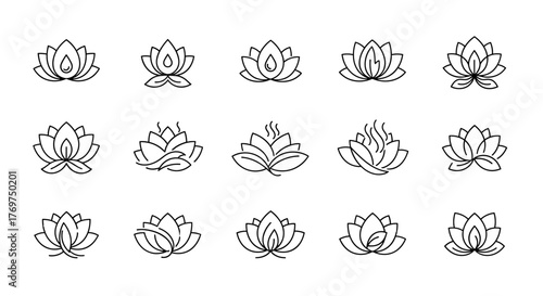 Collection of fifteen stylized lotus flower line art icons and symbols, presented in a clean, minimalist white outline on a black background, perfect for branding, wellness, and spiritual themes