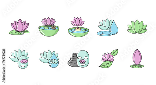 Collection of stylized flat icons representing spa and wellness elements, featuring various lotus flowers in pink and green, water drops, floating candles in bowls, stacked stones, and a facial mask