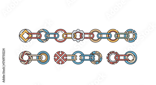 Abstract geometric chain links in a retro color palette of warm oranges, cool blues, and sunny yellows, set against a stark black background, symbolizing connection, strength, and modern design with
