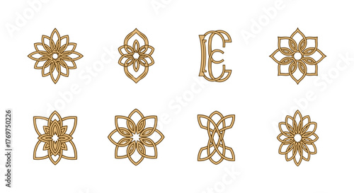 Collection of eight intricate golden Celtic knot inspired floral ornaments and monograms set against a stark black background, showcasing elegant symmetry and detailed linework, perfect for luxury
