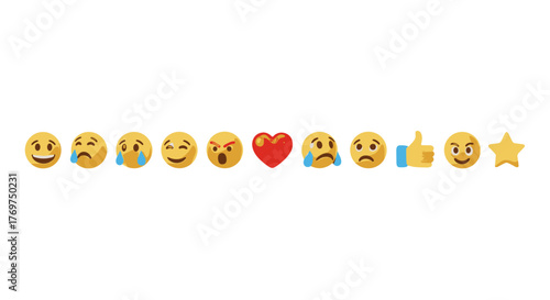 A vibrant collection of 3D rendered emojis and symbols, including happy faces, crying faces, an angry face, a red heart, a thumbs-up gesture, and a star, all set against a stark black background