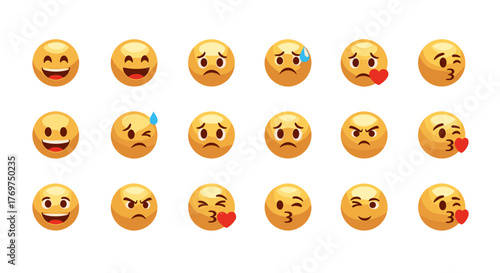 Collection of 18 expressive yellow emoji faces showcasing a wide range of emotions including happiness, sadness, anger, and affection, presented on a black background for clear visibility and