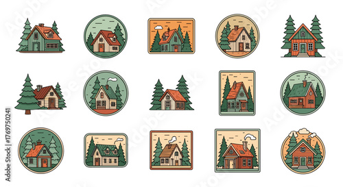 Collection of charming cabin illustrations set amidst lush pine trees, evoking a sense of rustic tranquility and cozy woodland living, perfect for nature-themed designs and outdoor adventure branding.