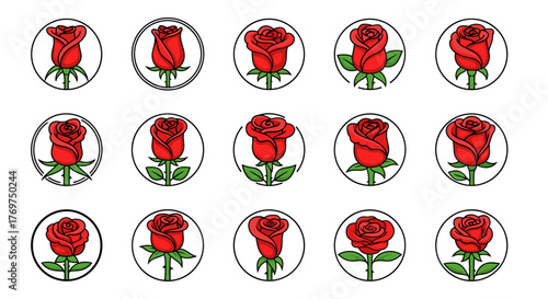 A collection of fifteen stylized red rose icons, each enclosed in a circular border, showcasing subtle variations in petal arrangement and bloom stage, set against a stark black background, perfect