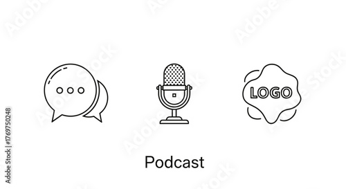 Set of three minimalist line art icons representing podcasting and communication: a speech bubble for conversation, a vintage microphone for audio recording, and a fluid shape with the word "LOGO"
