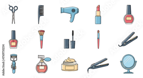 Collection of beauty and personal care icons, including scissors, comb, hairdryer, lipstick, nail polish, makeup brush, mascara, eyelash curler, perfume bottle, face cream, hair straightener, and a