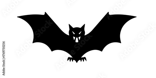 Silhouette of a menacing black bat with outstretched wings and fangs on a white background