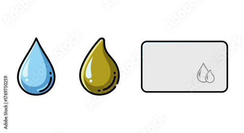 A trio of stylized liquid drops, one blue representing water, one golden representing oil or another liquid, and a white rectangle with two small grey drop icons, symbolizing purity, hydration, and