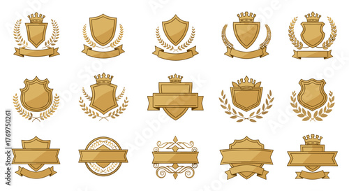 Collection of golden heraldic emblems and badges featuring shields, crowns, and laurel wreaths, perfect for luxury branding, awards, and official seals, presented on a black background for high