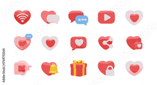 Collection of 3D rendered social media icons and symbols, including hearts, chat bubbles, Wi-Fi, play button, share, notification bell, gift box, and lock, presented in a vibrant and modern style on