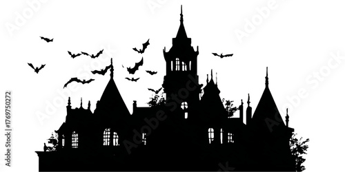 Spooky silhouette of a haunted castle with bats flying against a white background