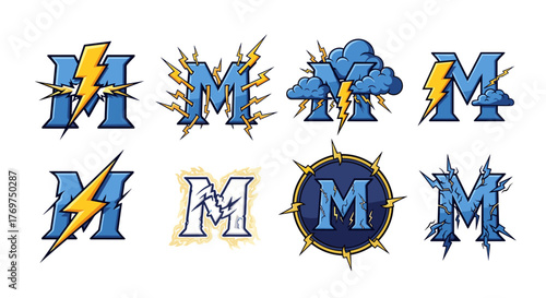 Collection of eight stylized letter M logos featuring lightning bolts, thunderclouds, and cracked effects, presented on a black background, perfect for dynamic branding and energetic themes.