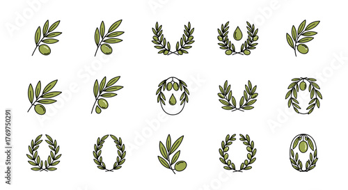 Collection of stylized olive branch and wreath icons, featuring green olives and leaves on a black background, representing nature, food, and traditional design elements, perfect for branding and