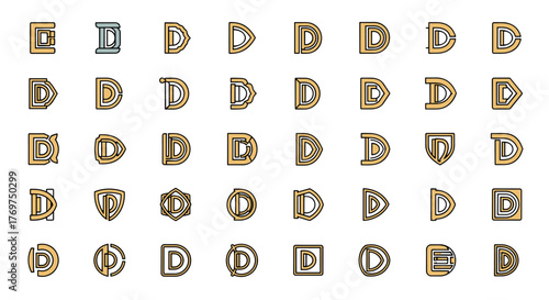 A diverse collection of stylized letter D logos and icons, presented in a grid format on a black background, showcasing various artistic interpretations and modern graphic design elements, perfect