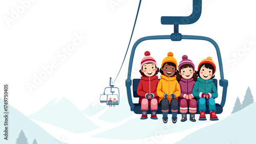 Four happy children on ski lift against snowy mountain background concept of friendship fun and winter adventure