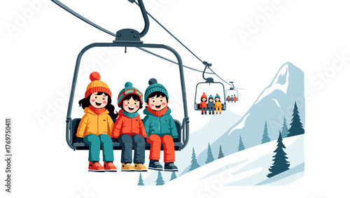 Three cheerful children on ski lift above snowy mountains in colorful clothes concept of fun winter sports and adventure
