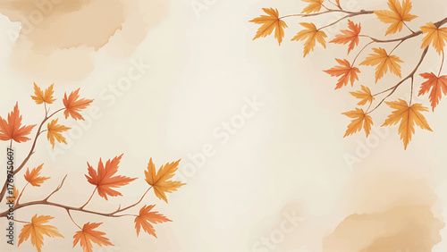 Watercolor Autumn Leaves and Branches Background, Hand-Painted Fall Foliage Watercolor Frame, Abstract Autumn Border with Orange Leaves, Elegant Watercolor Fall Frame for Invitation Design