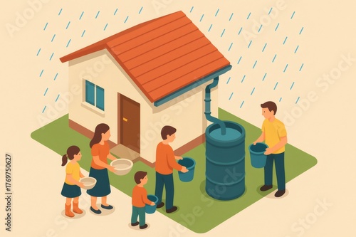 Family collecting rainwater from a house gutter system into buckets and a storage barrel, promoting water saving