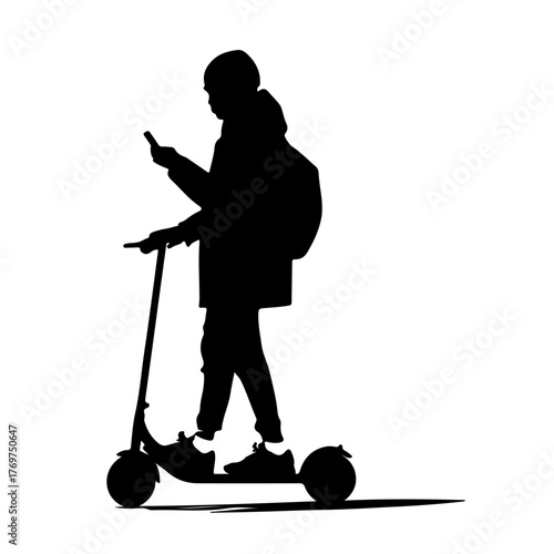 Silhouette of a person riding an electric bicycle with a backpack isolated on transparent background	
