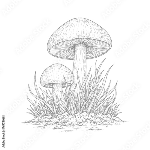 Hand-drawn Illustration of Mushrooms in Grass