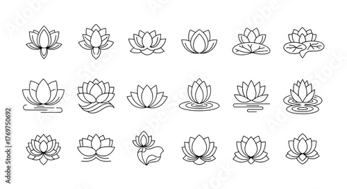 Set of 18 elegant white line art lotus flower icons and symbols on a black background, representing purity, spirituality, and tranquility, perfect for yoga, meditation, and wellness branding.