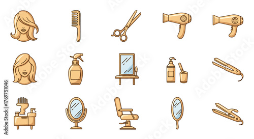 A collection of golden-hued icons representing various hair salon and barber shop tools and elements, including hairstyles, combs, scissors, hairdryers, spray bottles, mirrors, styling stations, and