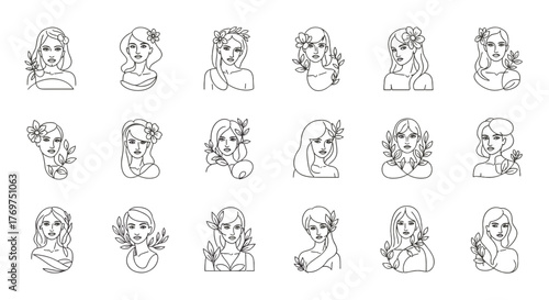 Collection of elegant line art illustrations featuring diverse female portraits adorned with floral elements and leaves, symbolizing beauty, nature, and femininity, perfect for fashion, beauty, and