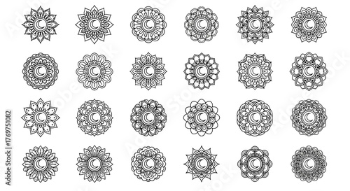 Collection of intricate, ornamental mandalas featuring crescent moons, rendered in a delicate white line art style against a stark black background, evoking a sense of mystical elegance and celestial