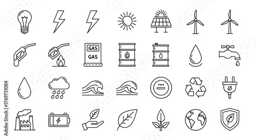 Collection of white line art icons representing energy sources and environmental concepts on a black background, including lightbulbs, lightning bolts, sun, solar panels, wind turbines, gas pumps