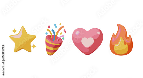 A vibrant collection of four 3D rendered icons, featuring a sparkling yellow star, a festive party popper exploding with confetti, a romantic pink heart with a white center, and a fiery orange and
