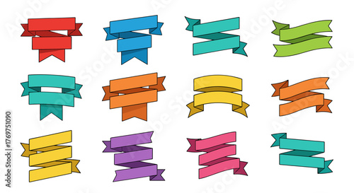 Collection of twelve colorful ribbon banners in a grid layout on a black background, featuring a variety of vibrant hues including red, blue, teal, green, orange, yellow, purple, and pink, each with