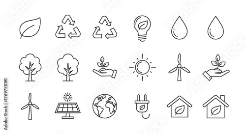 Set of eco-friendly icons representing sustainability and renewable energy sources, including a leaf, recycling symbol, lightbulb with leaf, water drops, trees, hand holding plant, sun, wind