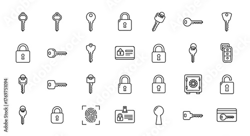 Collection of security icons, including various keys, padlocks, a safe, a fingerprint, and ID cards, presented in a clean, white outline style on a black background, symbolizing access, protection