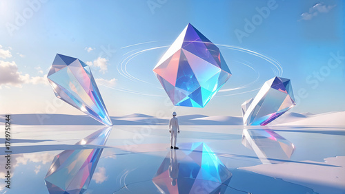 Wallpaper Mural Visualize an ethereal landscape where giant geometric crystals rise from a smooth, reflective surface, illuminated by an otherworldly glow. A lone figure in a sleek, futuristic suit stands in awe, sur Torontodigital.ca