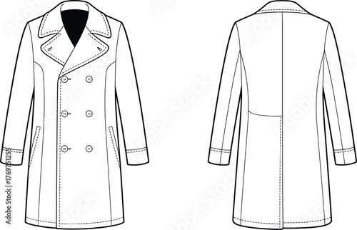 Double‑breasted coat front and back view, fashion design template, garment illustration, coat mockup, clothing vector, apparel outline, retail 