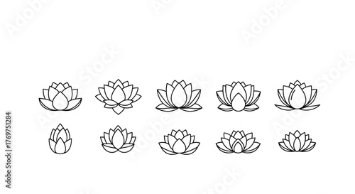 Collection of stylized lotus flower outlines, presented in a grid format, showcasing various petal arrangements and forms, perfect for design elements, logos, and decorative purposes, evoking
