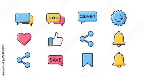A vibrant collection of social media icons, including speech bubbles for comments and messages, a heart for likes, a thumbs-up, share icons, notification bells, a save bookmark, and a refresh symbol