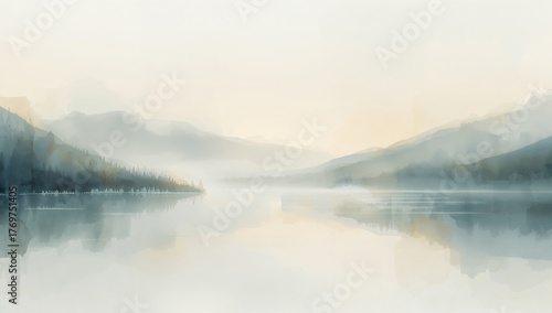 Fototapeta Naklejka Na Ścianę i Meble -  Watercolor painting of a tranquil lake surrounded by misty mountains