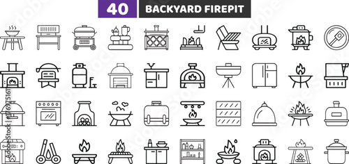 Backyard Firepit and Outdoor Kitchen Icons Set, Patio Grill and Cooking Outline Vector Collection