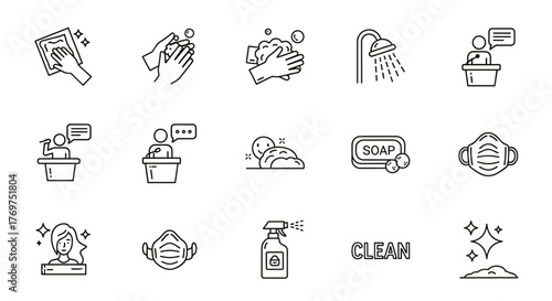Collection of hygiene and cleanliness icons, including hand washing with soap and water, showering, using a face mask, cleaning surfaces with a spray, and sparkling clean results, representing
