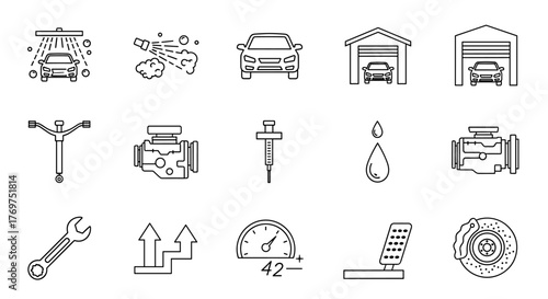 Collection of white line art icons on a black background representing various aspects of car maintenance and services, including car wash, engine, garage, tools, and dashboard elements, perfect for