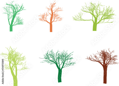 Colorful Forest Trees Silhouettes Isolated on White Background Graphic Resource