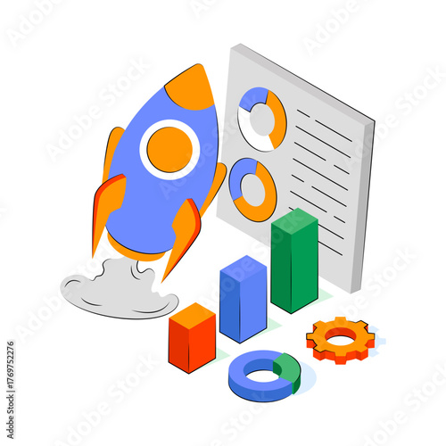 Conceptual isometric design illustration of business launch 