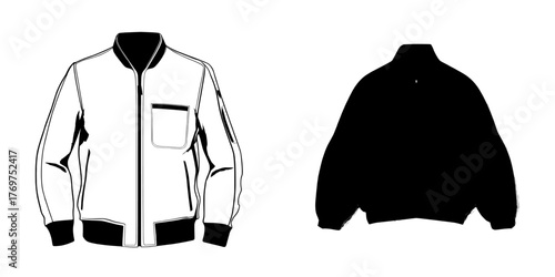 The technical drawing of this fashion design showcases a long sleeve men's jacket with a ribbed hem, ribbed cuff, and a zippered collar, along with a slouchy balloon sleeve and pocket