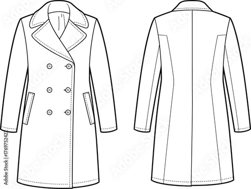 Women’s double‑breasted coat front and back view, fashion design template, garment illustration, coat mockup, clothing vector, apparel outline, retail production