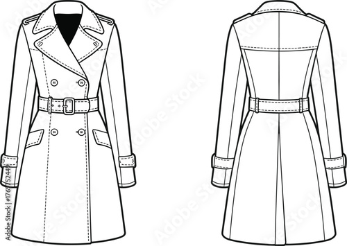 Women’s trench coat front and back view, belted coat illustration, fashion design template, garment mockup, clothing vector, apparel outline, retail production