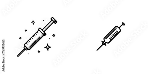 A minimalist icon of a syringe with a needle is depicted in black and white